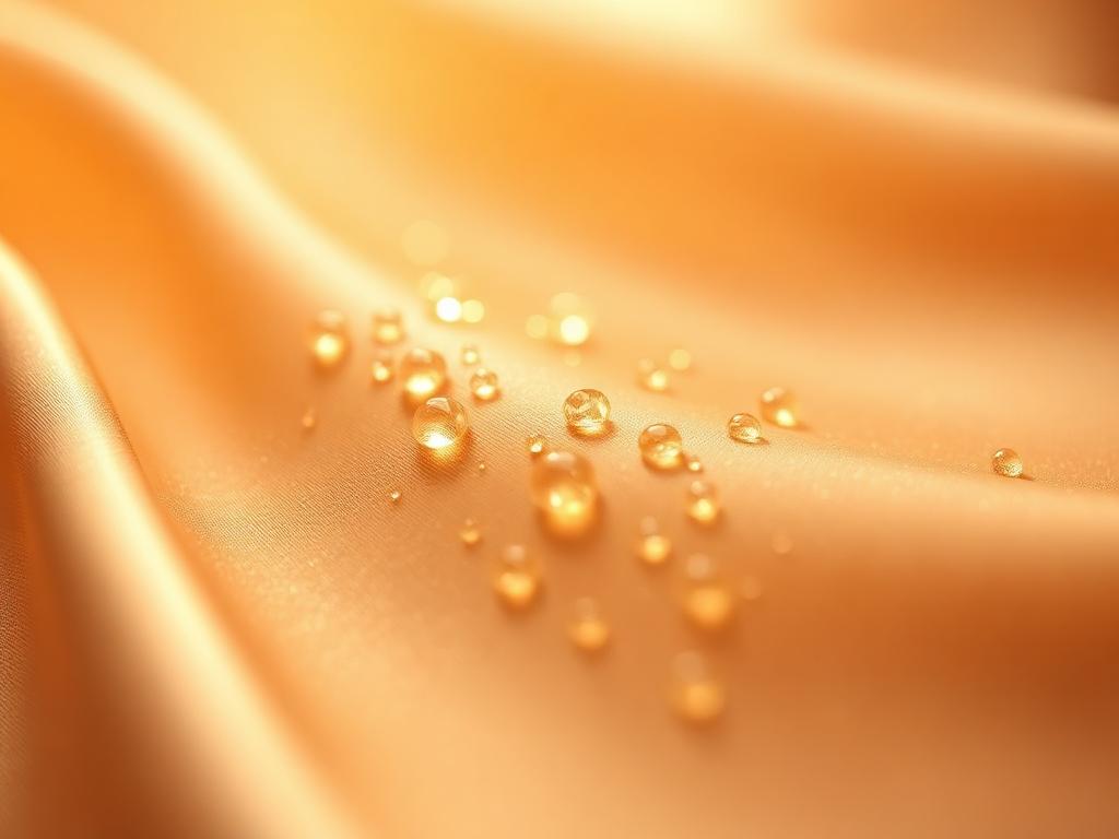 Gotas douradas translúcidas sobre tecido acetinado champagne